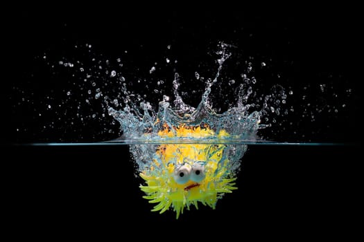 Spikey fish toy dropped into water on black background