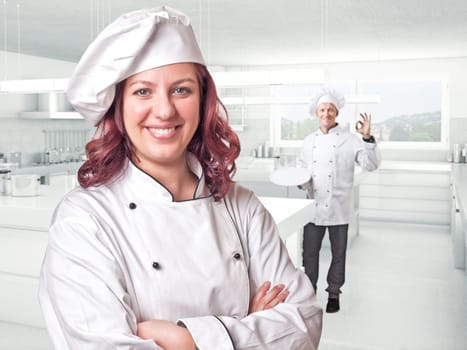 smiling young woman chef portrait and helper