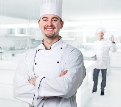 chef portrait and kitchen background