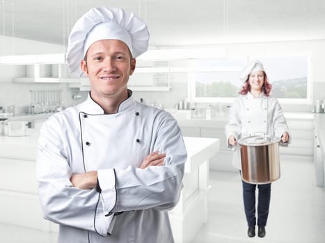 chef portrait and kitchen background