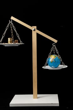 Globe Planet Earth and Money on a Two Pan Balance