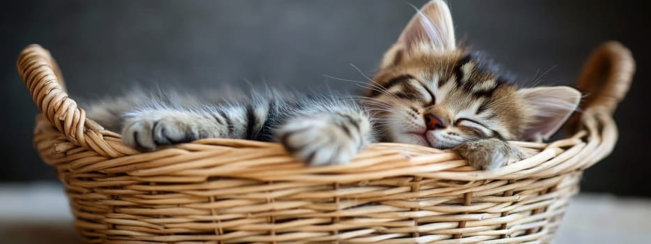 A small fluffy kitten lies in a wicker basket, Generative AI, animals