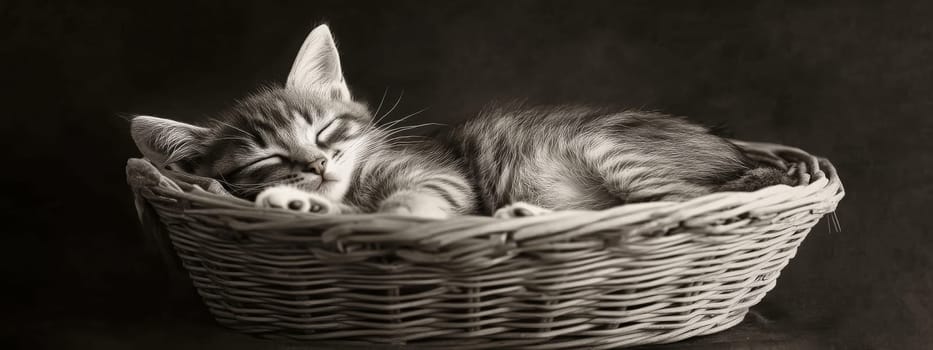 A small fluffy kitten lies in a wicker basket, Generative AI, animals