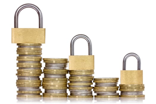 Safe money. Coins and padlocks isolated on a white background