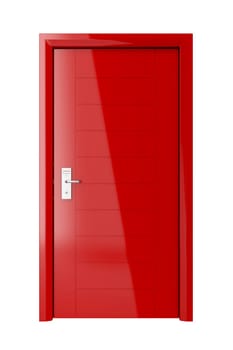 Red door with electronic keycard lock isolated on white background