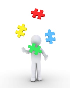 3d person is juggling four different puzzle pieces