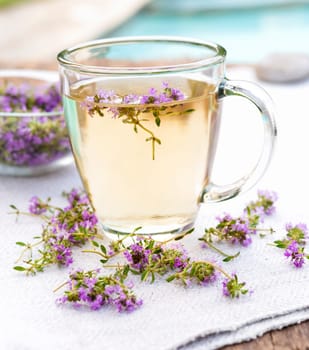 Cup of herbal thyme tea with fresh herb flowers
