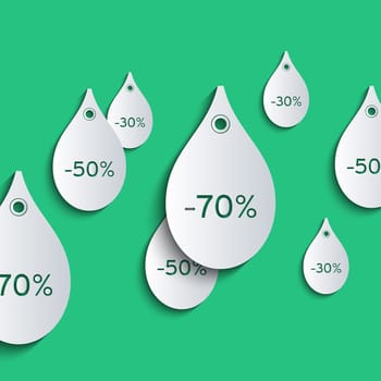 3d paper price tags in the form of falling raindrops. Sale, discount and falling prices concept.