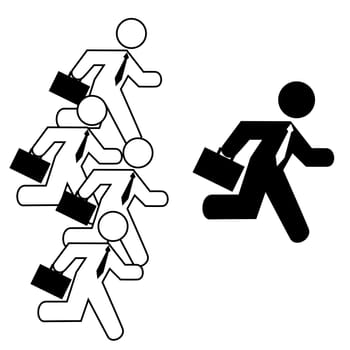 Concept illustration showing a businessman running in front of other businessmen