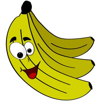 Cartoon illustration showing a bunch of bananas, including a happy one