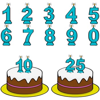 Cartoon illustration showing a cake and candles from 0 to 9 to form different numbers