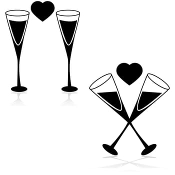 Icon set showing two champagne glasses with a heart in between them