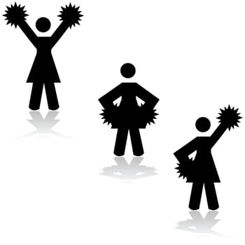 Icon set showing a black and white woman stick figure doing different cheerleading poses