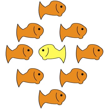Concept illustration showing a school of fish swimming in one direction and a single fish swimming in the opposite direction