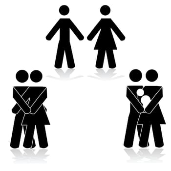 Concept illustration showing a couple apart, together and with a baby