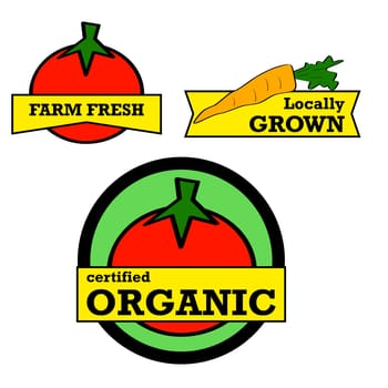 Labels and stickers showing fresh produce with positive messaging
