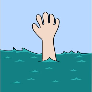 Cartoon illustration showing a hand desperately waiting for help as a person drowns
