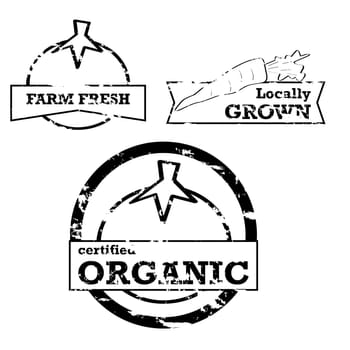 Labels and stamps showing fresh produce with positive messaging