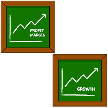 Cartoon illustration showing a blackboard with the drawing of a graph portraying profits and growth for a company