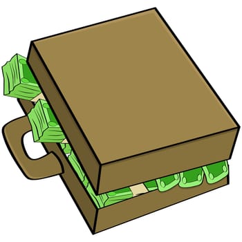 Cartoon illustration showing a suitcase filled with money