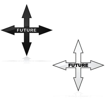Concept illustration showing an icon with arrows pointed in four directions and the word future inside of it