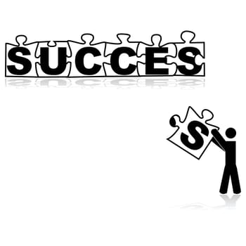 Concept illustration showing a person carrying the missing piece to form the word SUCCESS