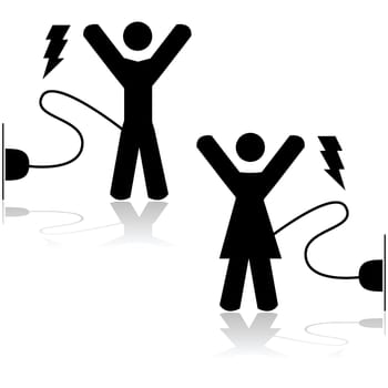 Concept illustration showing a man and a woman energized by being wired to an electric outlet