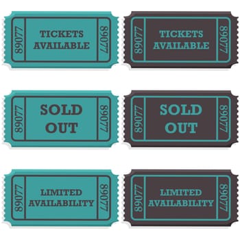 Concept illustration showing ticket stubs with a message saying if they are still available or if they are sold out