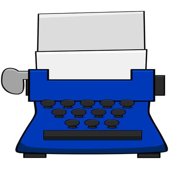 Cartoon illustration of an old blue typewriter