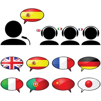 Concept illustration showing a person talking in one language and three other people listening in their own language using headphones