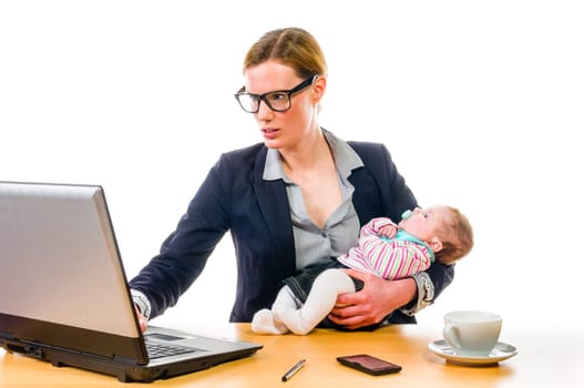 Adult business woman wearing a costume and supplied her newborn daughter in the office workplace, isolated against a white background.