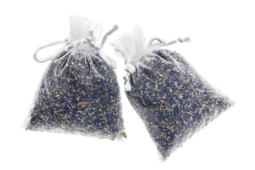 Two sachets with dry lavender flowers isolated on white background