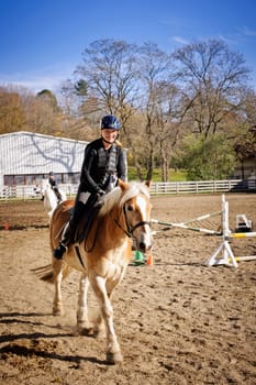 Portrait of teenage girl riding horse outdoors on sunny autumn day