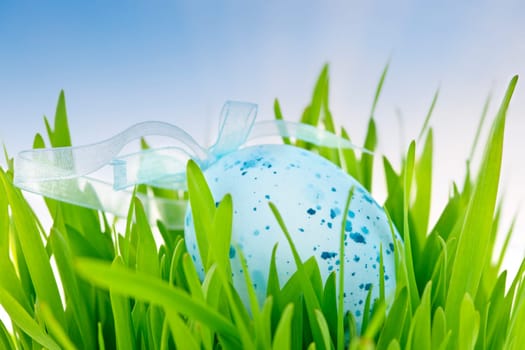 Blue speckled easter egg with ribbon in green grass