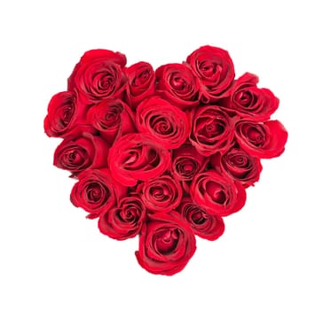 Heart made of fresh red roses on white background