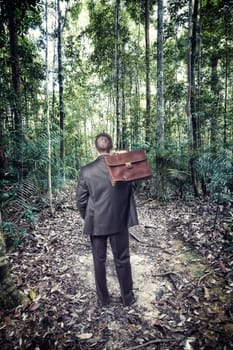 businessman lost in tropical jungle