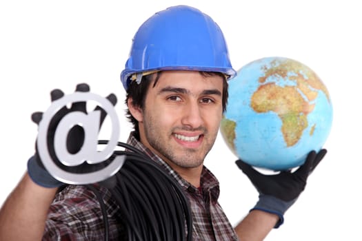 An electrician promoting the internet