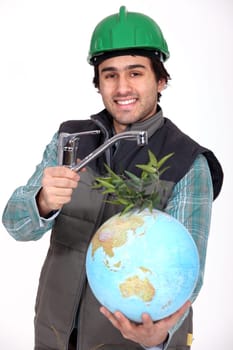Plumber installing a worldwide water supply system