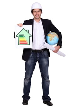 Man with globe and energy panel
