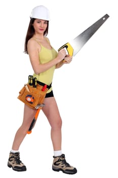 Woman with a handsaw