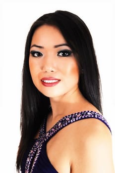 A closeup picture of a pretty Chinese woman with long black hair standing.for white background..