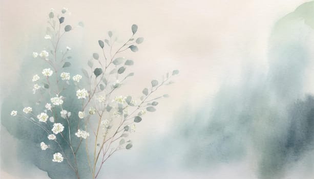 Illustration of a greeting card template watercolor painting of delicate white gypsophila flowers and green leaves blended background. Mockup for invitation card. Generative Ai