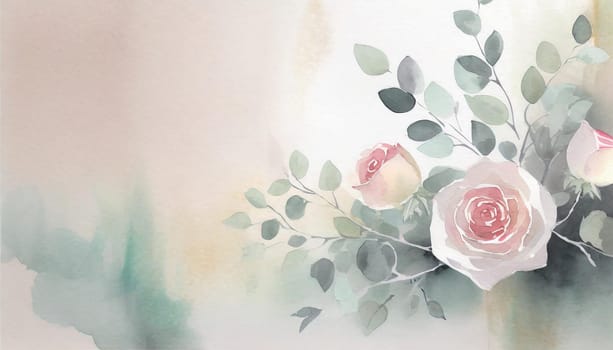 Illustration of a greeting card template watercolor painting of delicate roses and green leaves blended background. Mockup for invitation card. Generative Ai