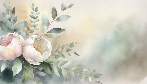 Illustration of a greeting card template watercolor painting of delicate peonies flowers and green leaves blended background. Mockup for invitation card. Generative Ai