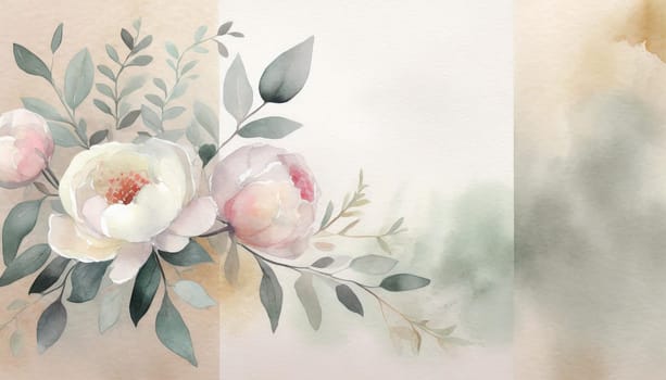 Illustration of a greeting card template watercolor painting of delicate peonies flowers and green leaves blended background. Mockup for invitation card. Generative Ai