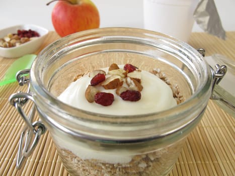 Shake muesli with yoghurt in the glass