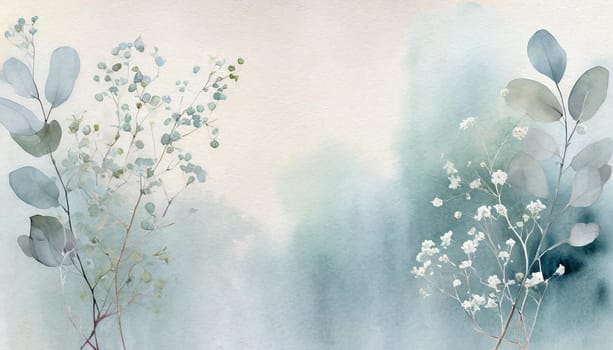Illustration of a greeting card template watercolor painting of delicate white gypsophila flowers and green leaves blended background. Mockup for invitation card. Generative Ai
