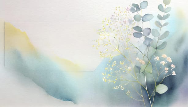 Illustration of a greeting card template watercolor painting of delicate white gypsophila flowers and green leaves blended background. Mockup for invitation card. Generative Ai