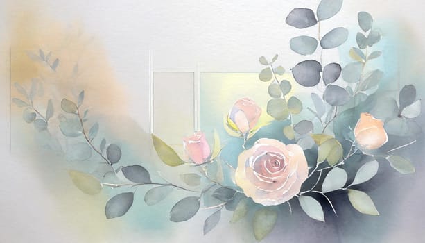 Illustration of a greeting card template watercolor painting of delicate roses and green leaves blended background. Mockup for invitation card. Generative Ai