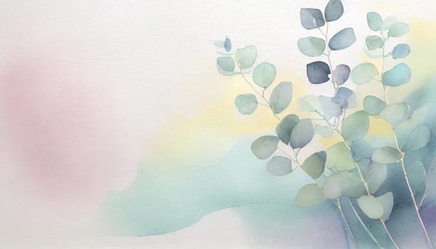 Illustration of a greeting card template watercolor painting of delicate green leaves of eucalyptus branches blended background. Mockup for invitation card. Generative Ai
